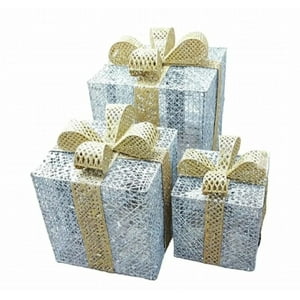Aladdins Shop - Adornos De Navidad - Set 3 Cajas De Regalo Navidad Color Plata Con Luz Led