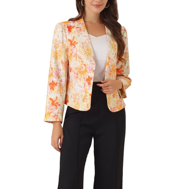 INSPIRE CHIC Blazer de regreso a clases para mujer, chaqueta de traje corta de verano, abierta al frente, beige con estampado floral naranja, talla XS