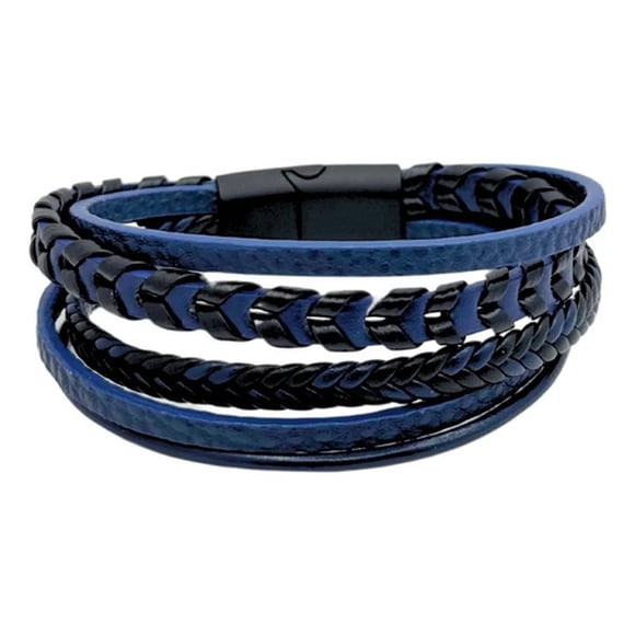 Pulsera Hombre Ecocuero, 5 Tiras, Cierre Magnetico, Regalo Azul Oscuro 8 Cm 22 Cm