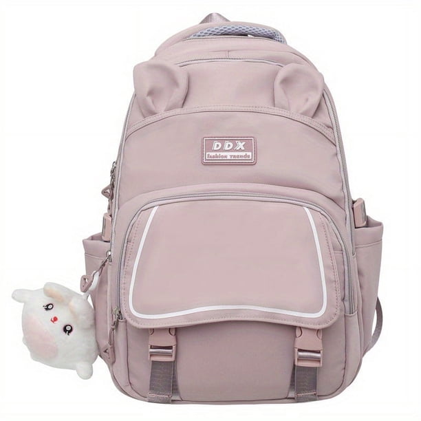 1pc Girls Primary School Junior High School Students Schoolabg, Fashion Double Shoulder Bag, Large-capacity Multi-pocket Simple Solid Color Trendy Backpack, Cute Rabbit Ears Shape Backpack With Cute R