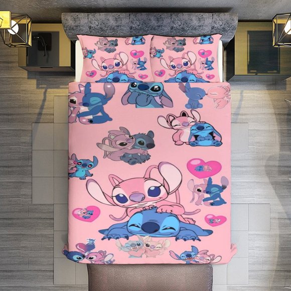 Comforter Set Queen Size Love Stitch And Angel Set with 2 Pillowcases for All SeasonsBedding Set 3pcs for Kids Boys Girls Bedroom Decor Bed Sheets