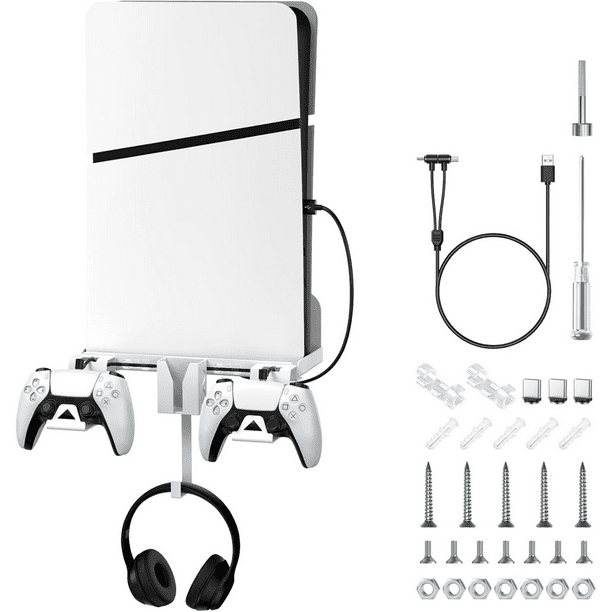 Kit de montaje de pared 6 en 1 para PS5 Silm Compatible con la consola PlayStation 5 Silm (disco y edición digital) Con cable de carga magnético Soporte de mando desmontable-Blanco