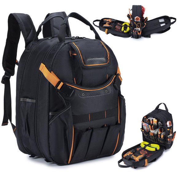 Mochila para herramientas KSIBNW Heavy Duty para hombre con 45 bolsillos, color negro