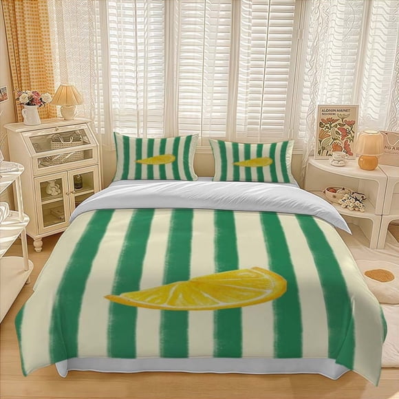 3pcs Lemon Wedges with Yellow And White Pulp on a Fresh Green Striped Background Three-Piece Set Soft And Comfortable Bedding Set