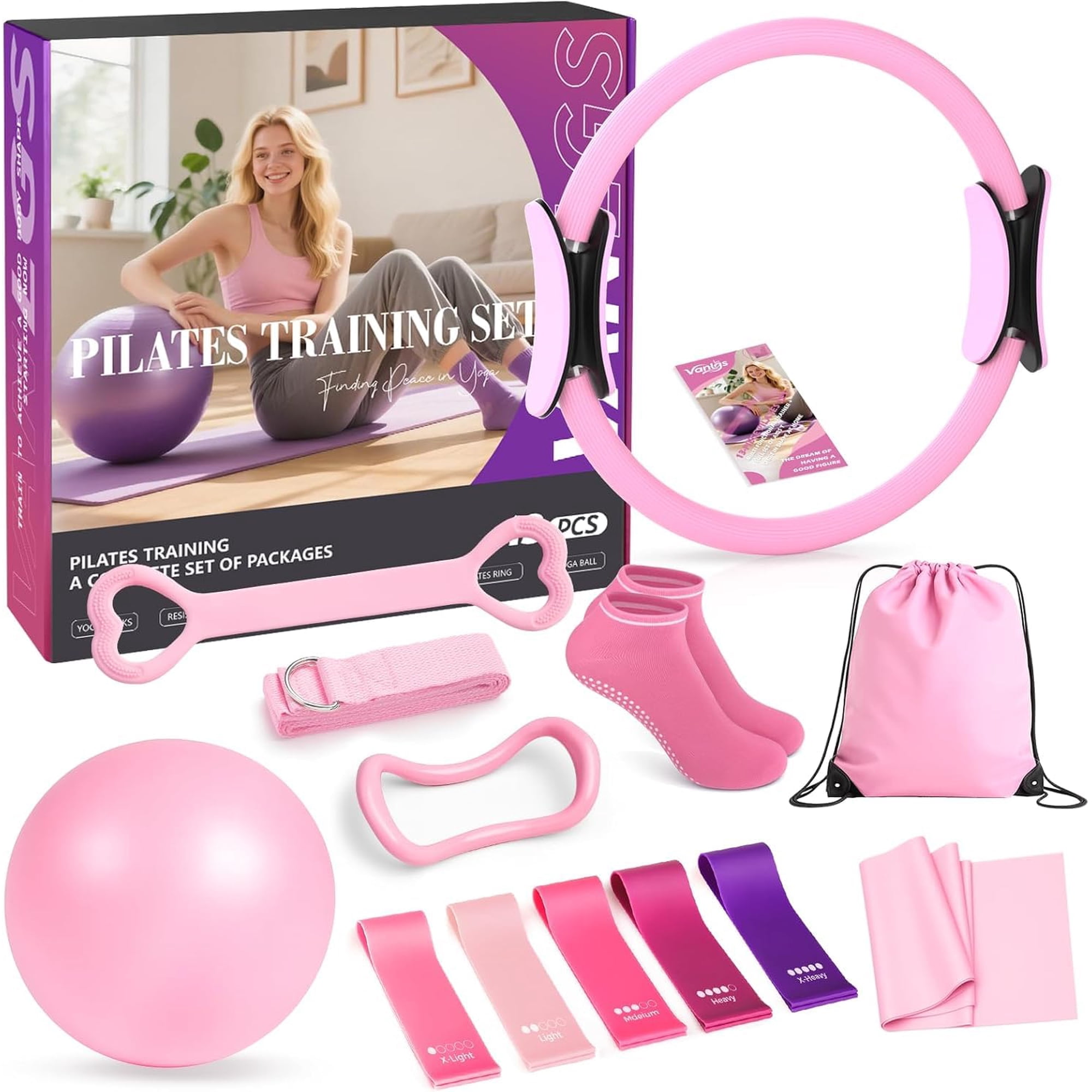 Kit De Pilates Vanlgs De 13 Piezas, Aro De 33 Cm Y Pelota De 25 Cm, Bandas