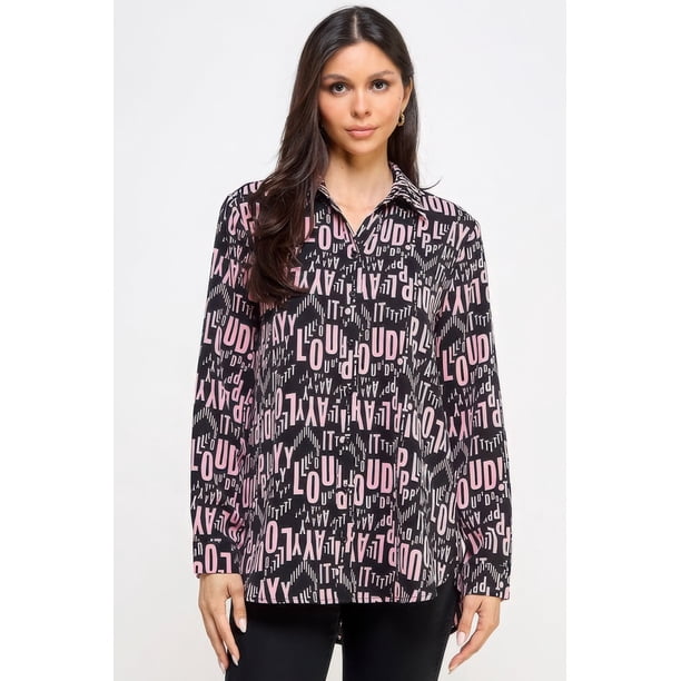 Elegante Túnica De Manga Larga Con Botones Delanteros De Satén Estampado Rosa negro (para Mujer)