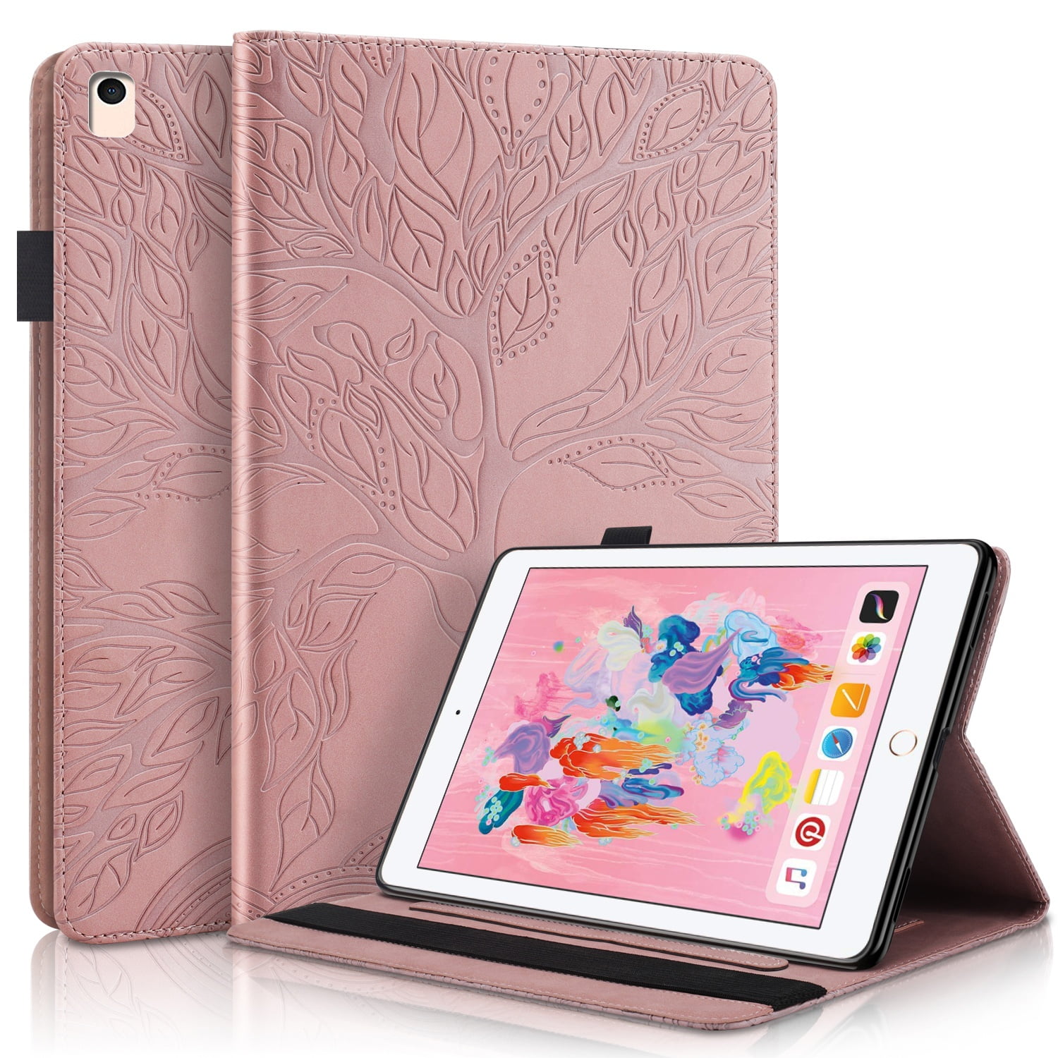 Foxdock - Funda Con Relieve Del Árbol De La Vida Para Tablet Ipad 5/6/8/9 Con Soporte, Ranuras Para Tarjetas Y Soporte Para Lápiz Óptico. Oro