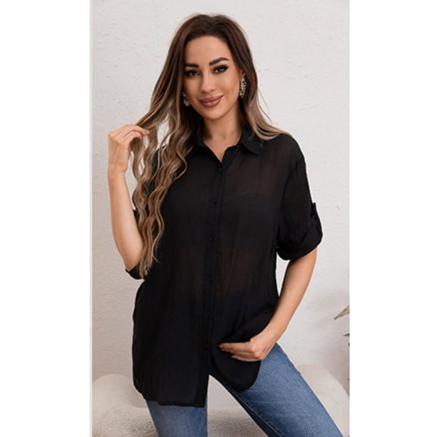 Blusa Mujer Tipo Lino Algodón Manga Larga Premium Liviana Botones 8056