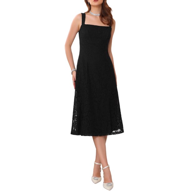 INSPIRE CHIC Vestido de Encaje para Mujer con Tirantes Cuello Cuadrado Sin Mangas Formal de Noche Cóctel Midi Vestidos L Negro