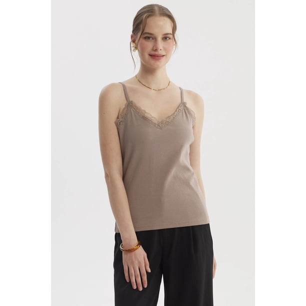 Polera Peto Mujer Pabilo Escote Con Encaje Arena