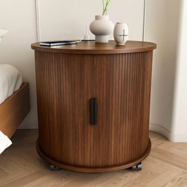 Mesa de extremo de cilindro moderno de mediados del siglo con estación de carga incorporada y puerta deslizante, mesa de noche redonda de almacenamiento de 2 niveles con puertos USB