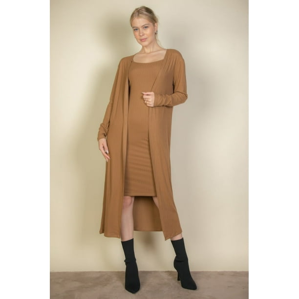 Cárdigan de Canalé y Vestido Midi Ajustado con Tirantes Finos