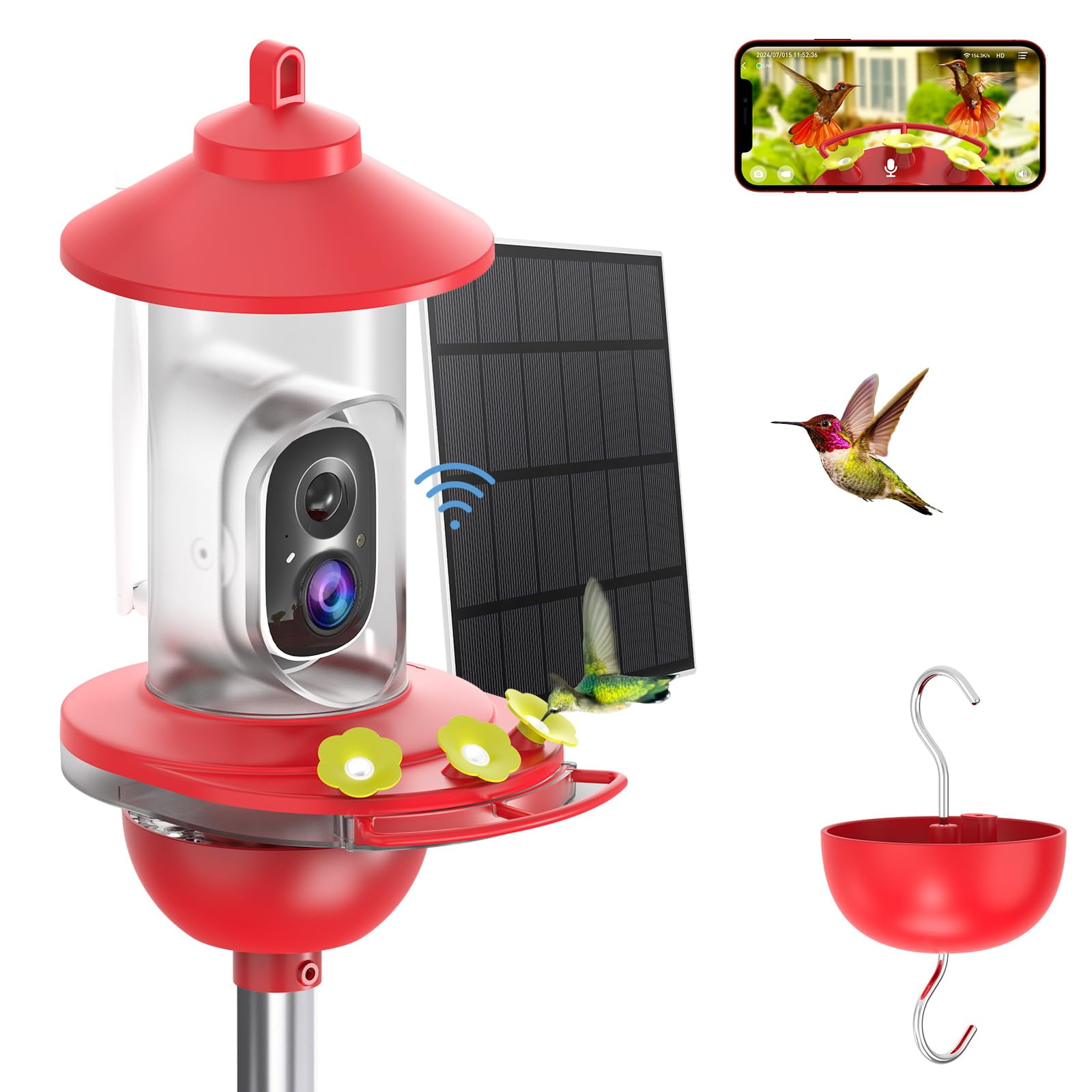 Comedero Para Colibríes Bf06 Con Cámara Solar 2k Con Ia 600 Ml