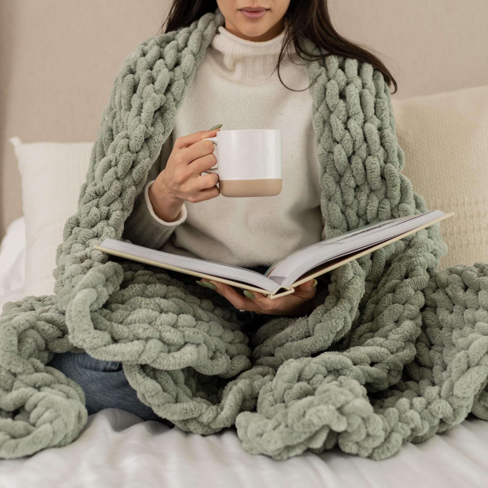 Samiah Luxe - Manta De Punto Grueso De Color Verde Salvia 100% Poliéster