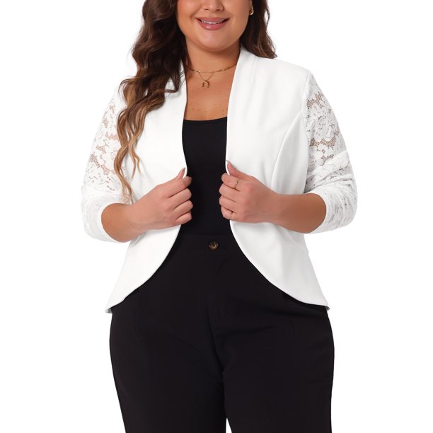 Agnes Orinda Blazer Cárdigan Talla Grande para Mujeres Manga Larga Encaje Abierto Frente Corto Bolero Cárdigans Chaqueta 2X Blanco