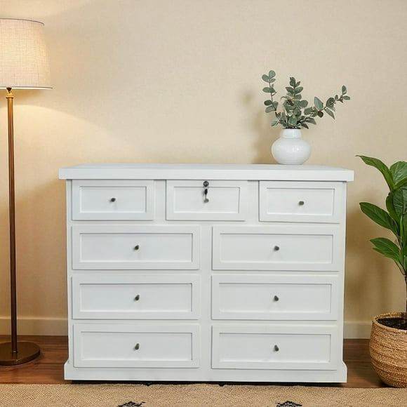 Cómoda de madera de pino 9 Cajones Malmo color Blanco