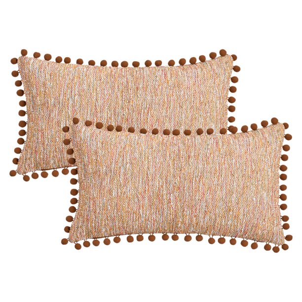 REGALWOVEN Paquete de 2 fundas de cojín de chenilla, fundas de almohada decorativas boho con pompones para sofá de sala de estar estilo rústico marrón 20" x 12"