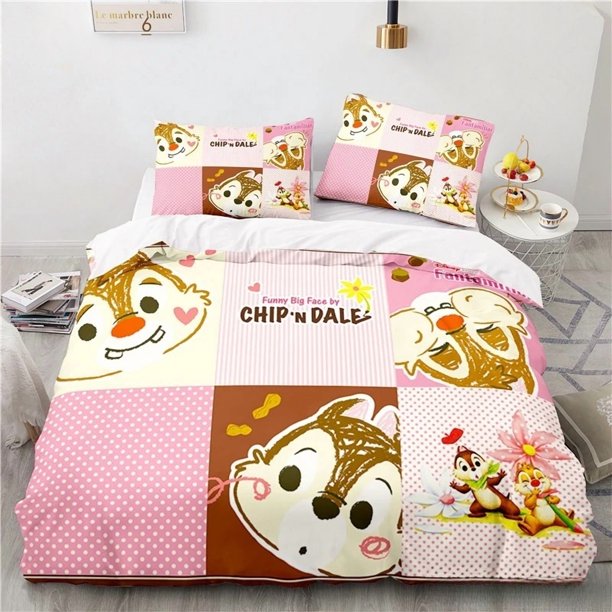 v1446 Bed Sheets Chip and Dale Anime Duvet Cover Set Kawaii Cartoon Quilt Cover Pillowcase Set Bedding Set Kids Bedroom Decor Full Size 3-Piece Bedding Set (1 Duvet Cover + 2 Pillow Shams) Bed Sheets