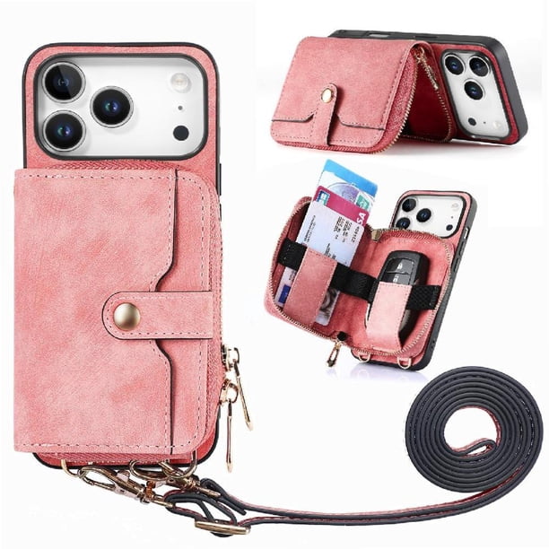 Funda Tipo Cartera con Correa Cruzada para iPhone 17 Pro Max Protección Contra Golpes Rosa