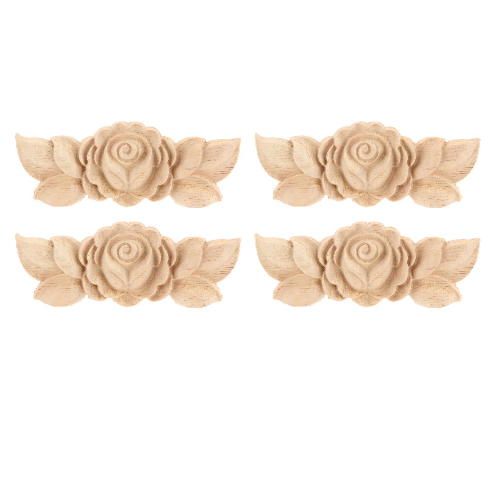 Bothyi - 4 Piezas Tallado Calcomanías Onlay Rose Madera Tallada Apliques 3.54X1.38X0.31 Pulgadas
