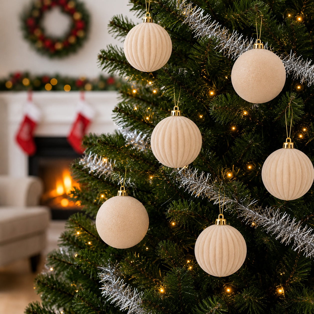Genérico - Set X6 Esferas Navideñas De Terciopelo Adornos Árbol Navidad Beige