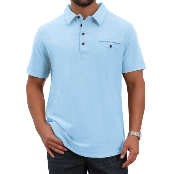 INSPIRE CHIC Camisas Polo de Playa Hawaianas Casuales de Manga Corta con Bolsillo en el Pecho de Lino para Hombre 2XL Azul Claro