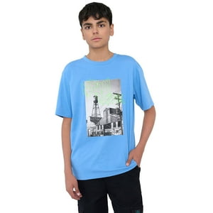 Polera Niño Photo Print Graffiti Celeste Corona