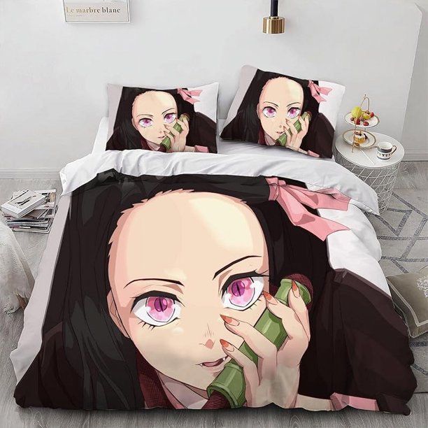 Dem-on- Kill-er Ne-Zuko An-ime Girl Duvet Cover- Set 100% -Microf-iber Bedding- Sets 3 Pieces- Ultra S-oft Skin-Friendly -Comforter -Cover Se-t