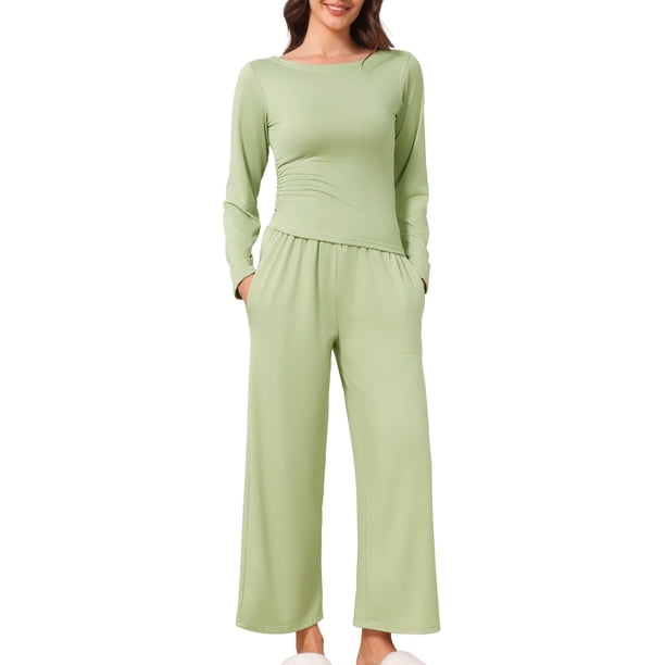 INSPIRE CHIC Conjunto de 2 Piezas para Mujer 2026 Conjuntos de Pijama Largo con Tops de Manga Larga y Pantalones de Pierna Ancha Casual Conjunto a Juego XS Verde