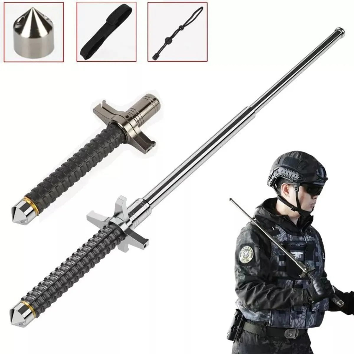 Genérica - 100cm Bastones De Senderismo Baston Retractil Seguridad Táctico Defensa Acero Cromo