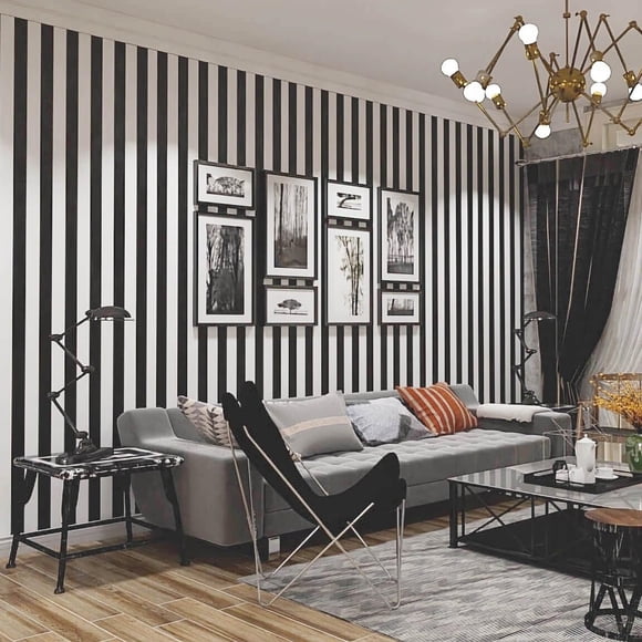 Papel tapiz Qianglive 45 x 305 cm negro y blanco a rayas de vinilo