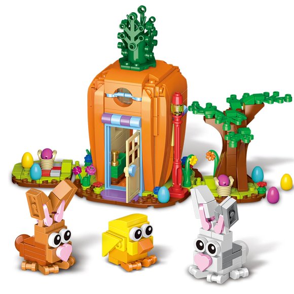 Set de bloques de construcción Jarsant Casa de conejo de Pascua con zanahoria, con 2 conejos, pollit