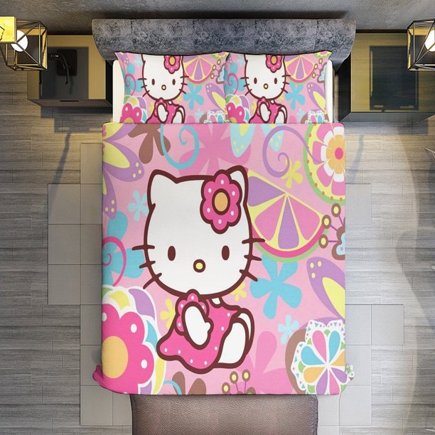 Hello Kitty Bouquet Bedding Set for Girls Kids Teen Tween Ultra Soft Microfiber Comforter Set Twin Size with 3-Pieces Comforters Bed Sets Bedroom Decor Bed Sheets