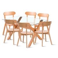 Klik Muebles - Comedor De Vidrio Cross 140X90Cm + 6 Sillas Fresno De Madera - Natural