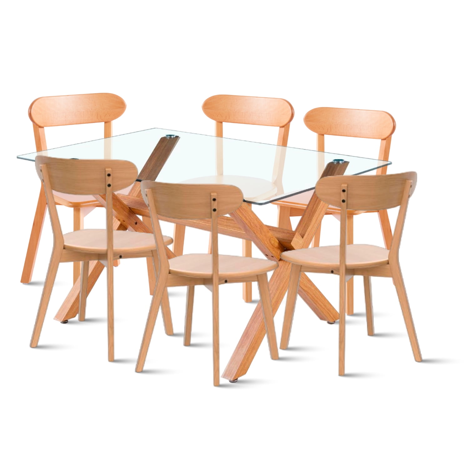 Klik Muebles - Comedor De Vidrio Cross 140x90cm + 6 Sillas Fresno De Madera - Natural