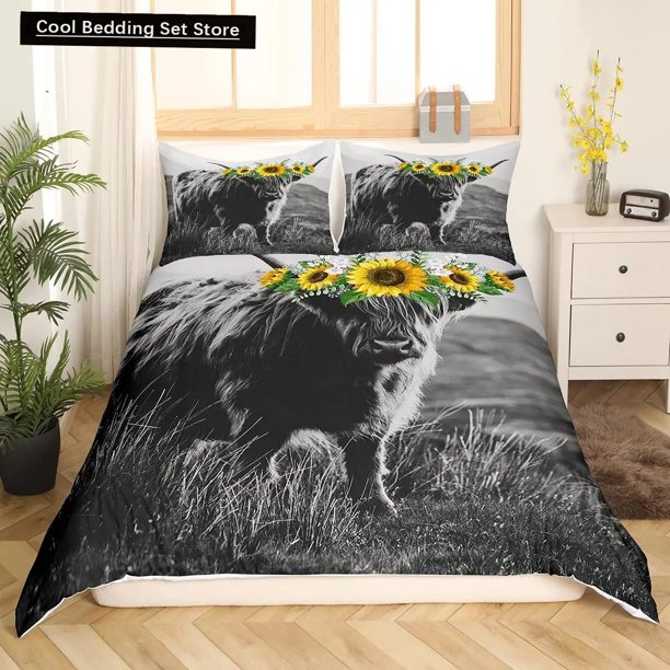 Highland Cow Duvet Cover Set Twin Size Cattle Flower Bedding Set Yellow Sunflower Western Funny Animal Cow Polyester Quilt Cover Bed Sheets