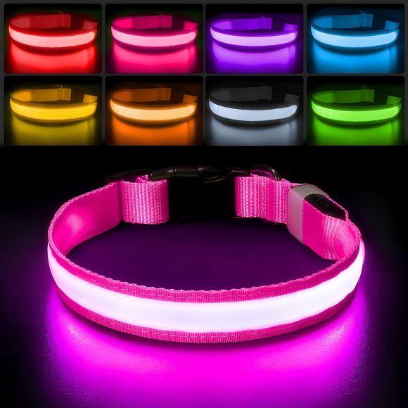 Collar para perro PcEoTllar L rosa iluminado y recargable