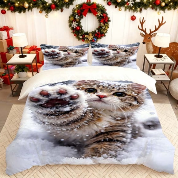 Kitten Playing in The Snow Print Duvet Cover Set Theme Bedding Set Duvet Cover Pillowcase Set Soft Comfortable Suitable for Home An
