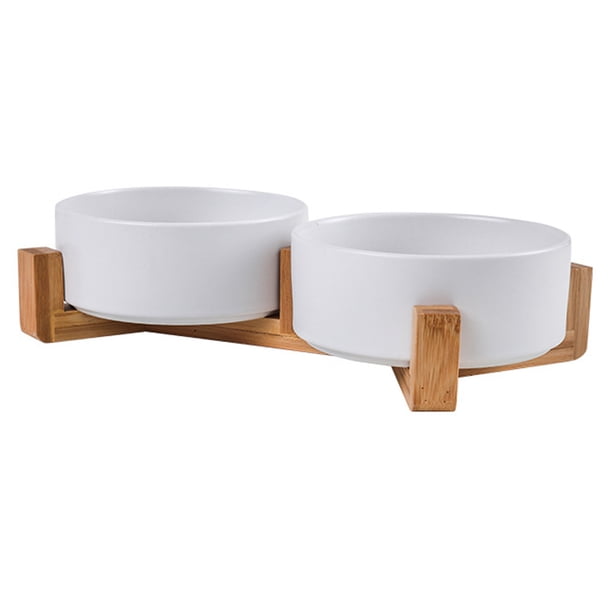Cuencos para mascotas, juego de cuencos de cerámica para perros y gatos con soporte de madera para comida y agua, cuencos antideslizantes y bonitos para mascotas.