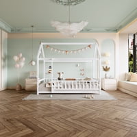 M&Ms - Twin Size Floor Wooden Bed With House Roof Frame, Fence Guardrails,White