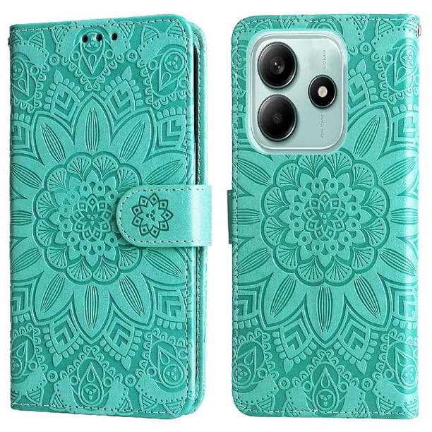 Funda tipo cartera FOXDOCK para Xiaomi Poco M7 Pro 5G , diseño girasol en relieve, cuero PU, cierre magnético, soporte y tarjetero