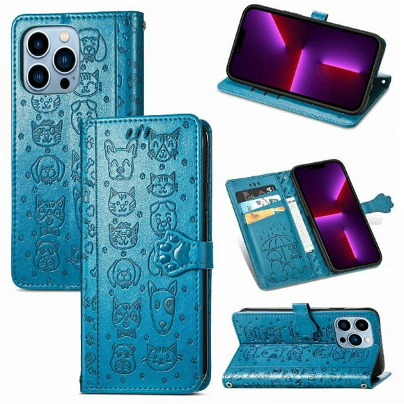 Funda Cartera FOXDOCK para iPhone 13 ProMax , Flip PU con Relieve de Gatos y Perros, Tarjetero y Soporte