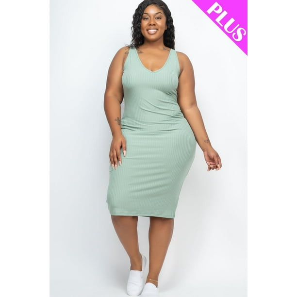 Vestido Ajustado sin Mangas Acanalado en Talla Grande
