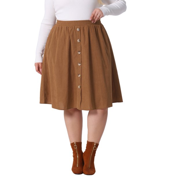 Agnes Orinda Falda Midi de Pana Talla Grande para Mujeres con Cintura Alta Elástica y Botones al Frente, Falda Línea A con Bolsillos 1X Marrón Oscuro