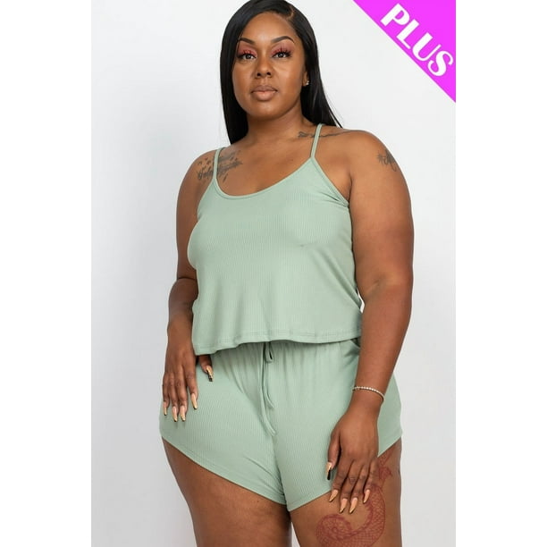 Conjunto de Top y Shorts de Canalé con Tirantes, Talla 2XL, Color Verde Bahía