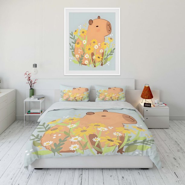 Capybara Printed Bedding Set Cartoon Anime Microfiber Bed Set Pillowcase Adult Bed Cover Bedroom Bed Set Duvet