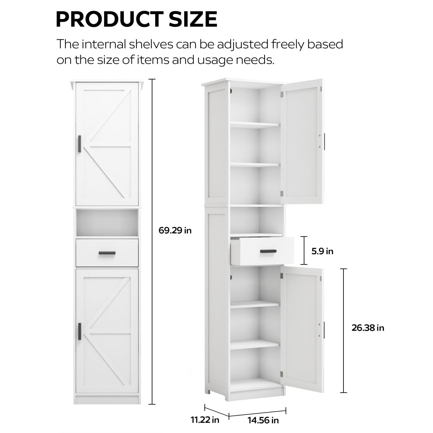 69" H Tall Bathroom Storage Cabinet with 2 Barn Doors and 1 Drawer ...