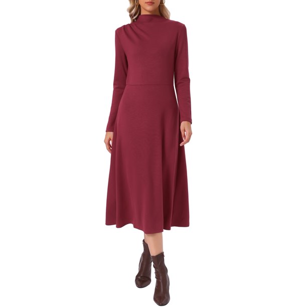 INSPIRE CHIC Vestidos de punto acanalado de otoño para mujeres Cuello simulado Casual Manga larga Vestido maxi M Vino Rojo