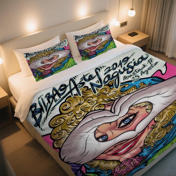 BILBAO Aste Nagusia Art Poster Duvet Cover Set Independence Day Celebration Bohemian Cartoon Bedding ThreePiece Comes! Zipper Closure for Easy Maintenance