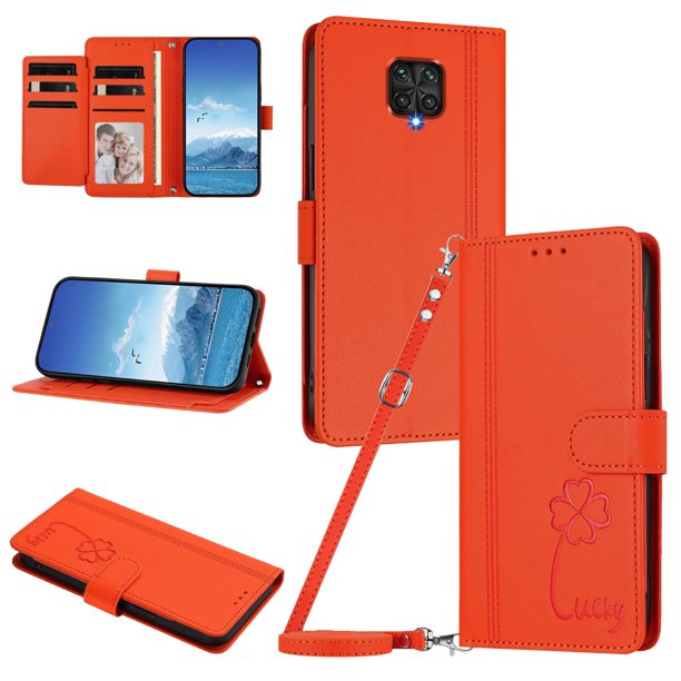 Funda Cartera Trébol para Xiaomi Redmi Note 9S 4G con Ranuras Tarjetas y Carga Inalámbrica Naranja